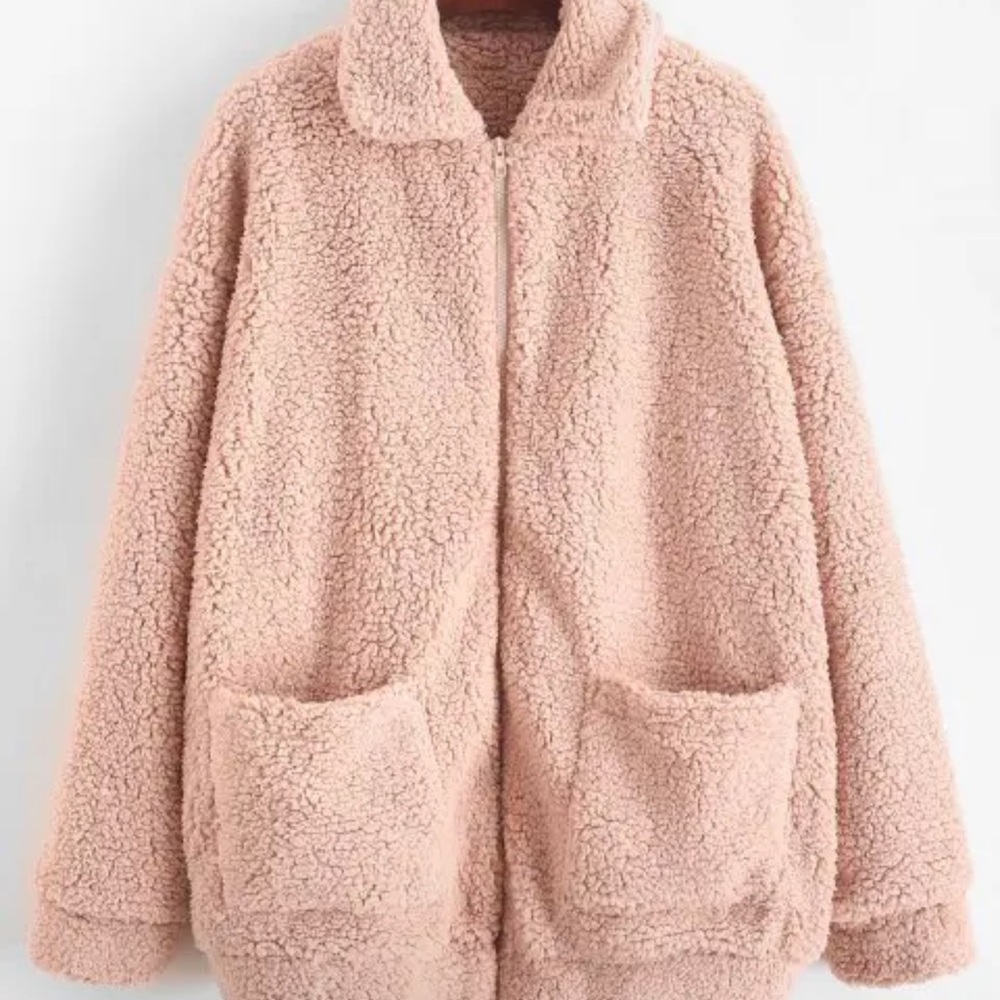 ZAFUL X Yasmine Bateman Pocket Zipper Drop Shoulder Fluffy Teddy Coat - Pink L - Picture 4 of 11